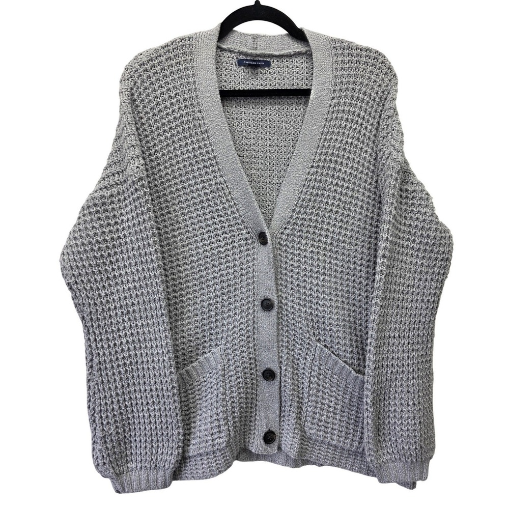 American Eagle Grey Waffle Knit Button Front Cardigan Sweater Large Oversized